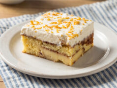 Macocha-Schnitten mit Vanillepudding: Saftiges Gebäck mit zarter Mascarpone-Creme Macocha-Schnitten mit Vanillepudding und Mascarpone-Creme aufgeschnitten