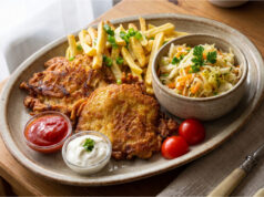 Marinierte Schweinekoteletts im pikanten Teig: Saftiges Fleisch mit intensivem Knoblauch- und Chiligeschmack Marinierte Schweinekoteletts im pikanten Teig serviert mit Pommes