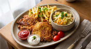 Marinierte Schweinekoteletts im pikanten Teig: Saftiges Fleisch mit intensivem Knoblauch- und Chiligeschmack Marinierte Schweinekoteletts im pikanten Teig serviert mit Pommes