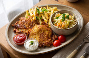 Marinierte Schweinekoteletts im pikanten Teig: Saftiges Fleisch mit intensivem Knoblauch- und Chiligeschmack Marinierte Schweinekoteletts im pikanten Teig serviert mit Pommes