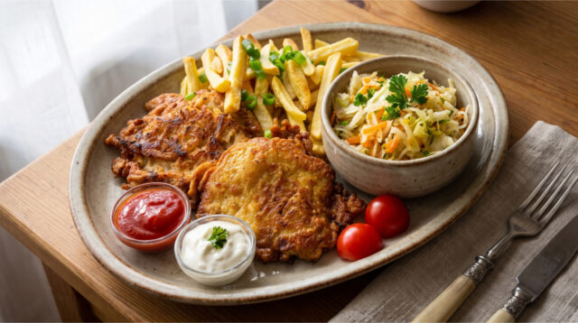 marinierte-schweinekoteletts-pikanter-teig Marinierte Schweinekoteletts im pikanten Teig serviert mit Pommes