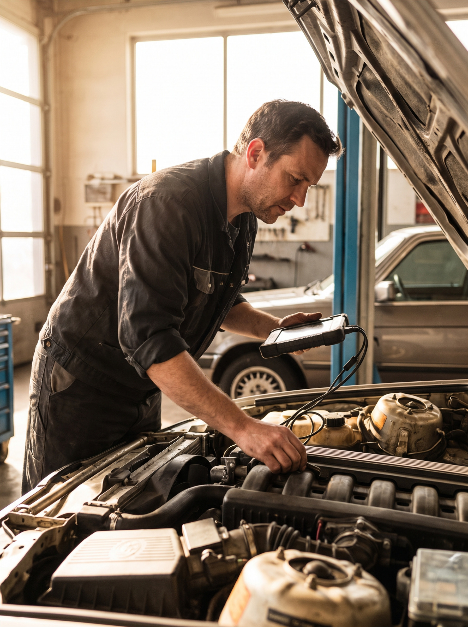 Mechaniker überprüft den Automotor.