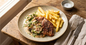 Nackensteak mit Champignonsoße und Pommes: Saftiges Pfannengericht schnell gemacht Nackensteak mit Champignonsoße und Pommes auf einem Teller