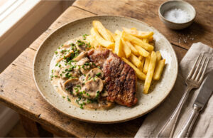 Nackensteak mit Champignonsoße und Pommes: Saftiges Pfannengericht schnell gemacht Nackensteak mit Champignonsoße und Pommes auf einem Teller