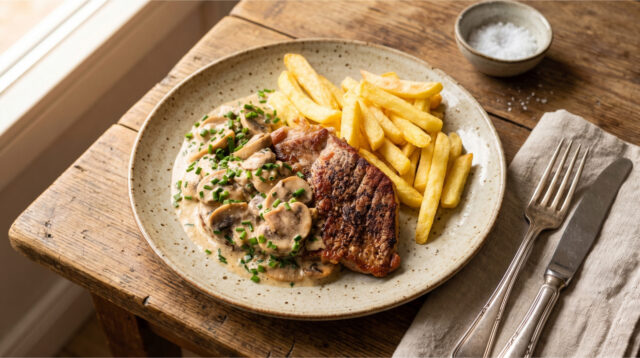 nackensteak-champignonsose-pommes Nackensteak mit Champignonsoße und Pommes auf einem Teller