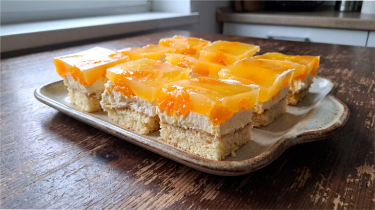 Naschkatzen-Schnitten mit Mandarinen: Frischer, saftiger Dessert mit Sahnecreme und duftendem Gelee
