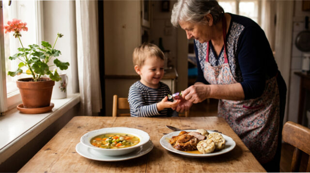 oma-gibt-heimlich-sussigkeit-kind Oma gibt dem Kind heimlich eine Süßigkeit.