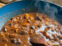 Pilzgulasch: Deftiger Klassiker mit duftendem Kümmel, Schmalz und Knoblauch Deftiges Pilzgulasch mit Kümmel, Schmalz und Knoblauch serviert im Topf