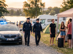 Im Campingplatz am Wasser ließ eine Gruppe die Musikbox bis vier Uhr morgens laufen. Das Sicherheitspersonal hatte Angst und weigerte sich einzugreifen Polizei greift gegen laute Gruppe im Campingplatz ein.