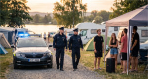 Im Campingplatz am Wasser ließ eine Gruppe die Musikbox bis vier Uhr morgens laufen. Das Sicherheitspersonal hatte Angst und weigerte sich einzugreifen Polizei greift gegen laute Gruppe im Campingplatz ein.