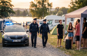Im Campingplatz am Wasser ließ eine Gruppe die Musikbox bis vier Uhr morgens laufen. Das Sicherheitspersonal hatte Angst und weigerte sich einzugreifen Polizei greift gegen laute Gruppe im Campingplatz ein.
