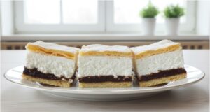 Povidlon verschwindet blitzschnell vom Blech: Die Kombination aus Powidl, Quarkcreme und Brandteig ist unschlagbar Povidlon: luxuriöse Schnitten aus Brandteig mit Quark und Zwetschgenpowidl