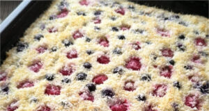 Raffaello-Schnitten mit Himbeeren und Heidelbeeren: Saftiger Kokoskuchen mit Sahne Raffaello-Schnitten mit Himbeeren und Heidelbeeren – saftiger Kokoskuchen mit Sahne
