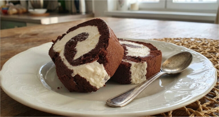 Sahne-Kakao-Biskuitrolle ohne Mehl: Leichtes Dessert mit Zitronencreme