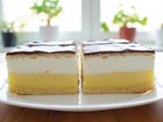 Hausgemachter Cremeschnitten aus zartem Blätterteig mit echter Vanillecreme, Schlagsahne und Schokoladenglasur Hausgemachte Cremeschnitten aus Blätterteig mit Vanillecreme und Schokolade