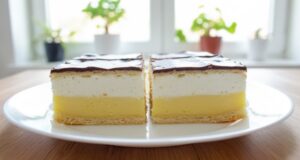Hausgemachter Cremeschnitten aus zartem Blätterteig mit echter Vanillecreme, Schlagsahne und Schokoladenglasur Hausgemachte Cremeschnitten aus Blätterteig mit Vanillecreme und Schokolade