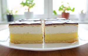 Hausgemachter Cremeschnitten aus zartem Blätterteig mit echter Vanillecreme, Schlagsahne und Schokoladenglasur Hausgemachte Cremeschnitten aus Blätterteig mit Vanillecreme und Schokolade