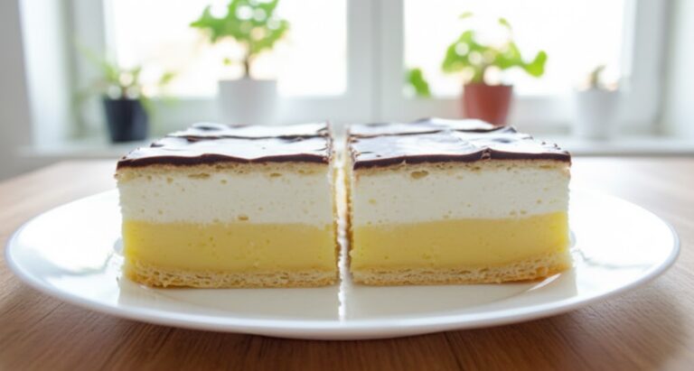 Hausgemachter Cremeschnitten aus zartem Blätterteig mit echter Vanillecreme, Schlagsahne und Schokoladenglasur