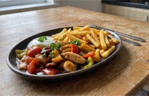 Schnelle Hähnchenpfanne mit Gemüse: Blitzschnelles Mittagessen mit knusprigen Ofenpommes Schnelle Hähnchenpfanne mit Gemüse und knusprigen Ofenpommes