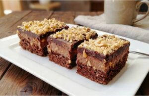 Nusswahnsinn mit Schokolade: Rezept für luxuriöse Schnitten mit Erdnussboden, Eigelbcreme und glänzender Glasur Nusswahnsinn – luxuriöse Schnitten mit Schokoladen-Eigelbcreme und Erdnüssen