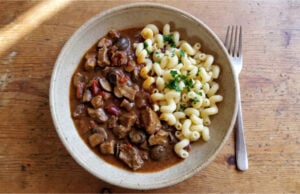 Schweinefleisch mit Champignons und Paprika in Sauce: Einfaches Familienessen mit Nudeln Schweinefleisch mit Champignons und Paprika in Sauce serviert mit Nudeln