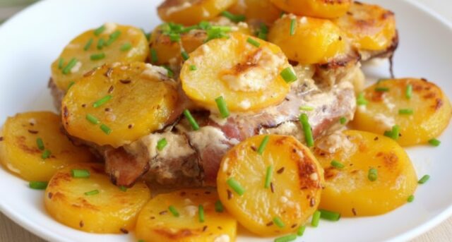 schweinenacken Versteckter Schweinenacken unter Kartoffeln mit Sahne – einfaches Ofengericht aus einer Form
