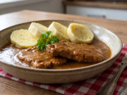 Schweineschnitzel mit Senf: Saftiges Fleisch mit würziger Sauce und Kartoffelknödel Schweineschnitzel mit Senf und Kartoffelknödel auf einem Teller
