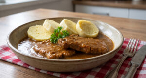Schweineschnitzel mit Senf: Saftiges Fleisch mit würziger Sauce und Kartoffelknödel Schweineschnitzel mit Senf und Kartoffelknödel auf einem Teller
