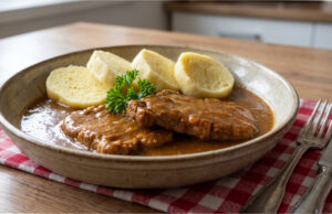 Schweineschnitzel mit Senf: Saftiges Fleisch mit würziger Sauce und Kartoffelknödel Schweineschnitzel mit Senf und Kartoffelknödel auf einem Teller