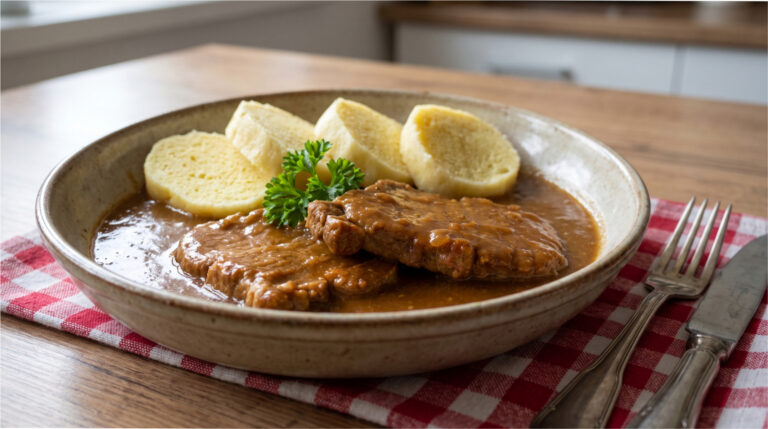 Schweineschnitzel mit Senf: Saftiges Fleisch mit würziger Sauce und Kartoffelknödel