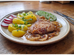 Schweineschnitzel mit Zwiebelsoße: Saftiges Fleisch dank langer Marinade Schweineschnitzel mit Zwiebelsoße und Kartoffeln auf einem Teller