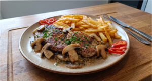 Schweineschulter mit Champignons: Saftiges Fleisch mit cremiger Sauce und hausgemachten Pommes Schweineschulter mit Champignons und hausgemachten Pommes auf einem Teller