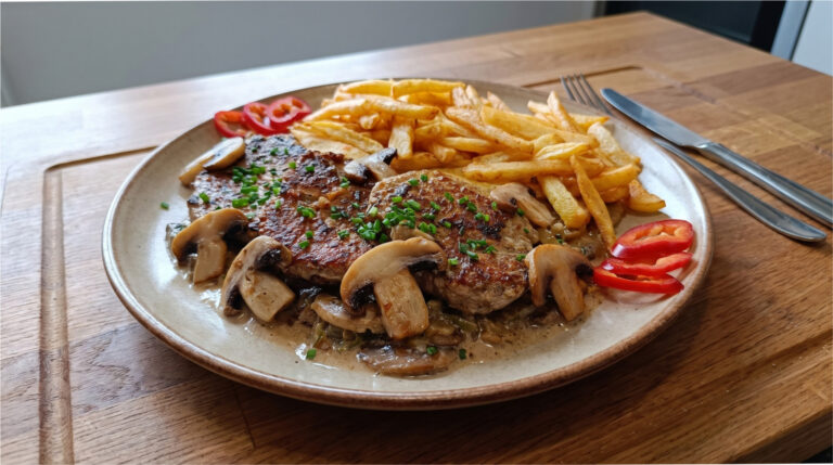 Schweineschulter mit Champignons: Saftiges Fleisch mit cremiger Sauce und hausgemachten Pommes