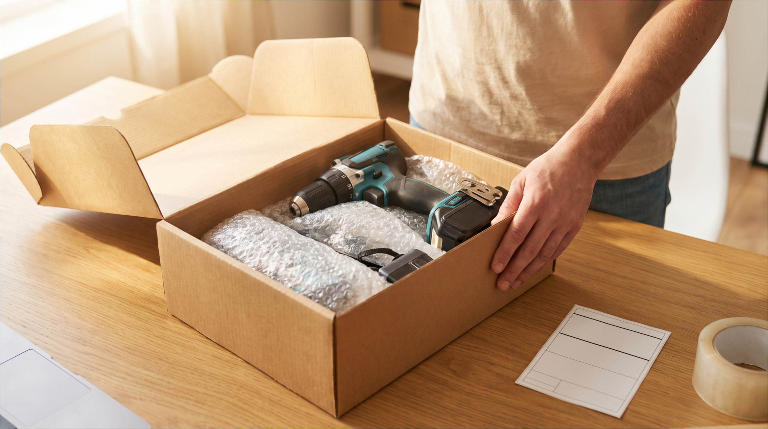 Sorgfältig verpacktes Paket mit Elektrowerkzeug.