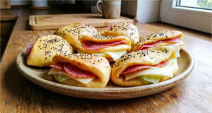 Taschensandwiches aus selbstgemachtem Teig: Günstiger Snack für Arbeit und Ausflug, der den ganzen Tag hält Verschiedene hausgemachte Taschensandwiches auf einem Teller