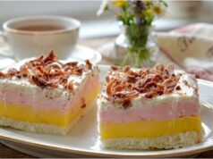 Cremiges Trikolore-Dessert: Rezept für dreifarbigen Genuss mit Baiserboden, doppelter Creme und Schlagsahne Trikolore-Schnitten mit Vanille- und Himbeercreme – festliches Dessert aus Eiweiß
