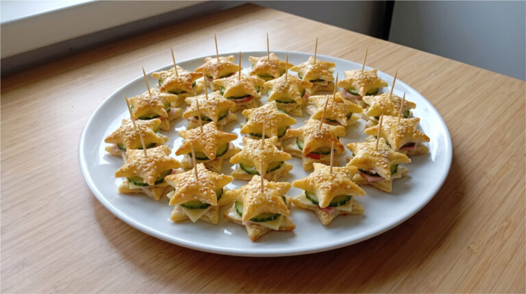 Vergessen Sie Canapés: Diese Sterne mit Knoblauchaufstrich sind knusprige Häppchen mit Schinken, Käse und Gurke