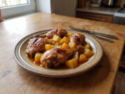 Überbackene Hähnchenschenkel mit Kartoffeln und Sauce: Einfaches Blechgericht Überbackene Hähnchenschenkel mit Kartoffeln und Sauce auf einem Blech