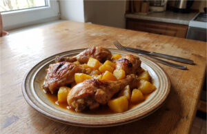 Überbackene Hähnchenschenkel mit Kartoffeln und Sauce: Einfaches Blechgericht Überbackene Hähnchenschenkel mit Kartoffeln und Sauce auf einem Blech
