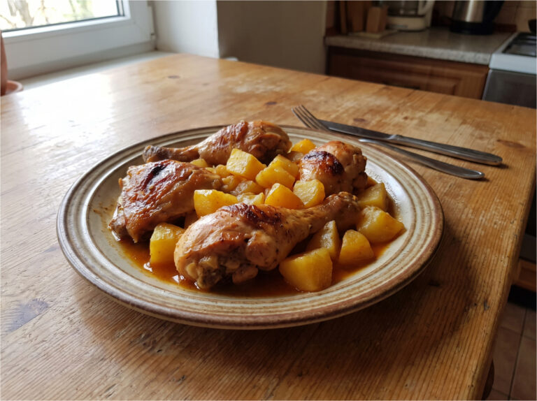 Überbackene Hähnchenschenkel mit Kartoffeln und Sauce: Einfaches Blechgericht