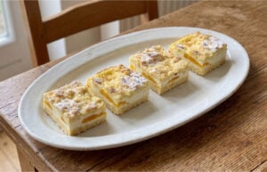 Geriebene Linzer Schnitten mit Quark und Obst: Zarter Teig und luftige Füllung Linzer Schnitten mit Quark und Obst aufgeschnitten auf einem Blech