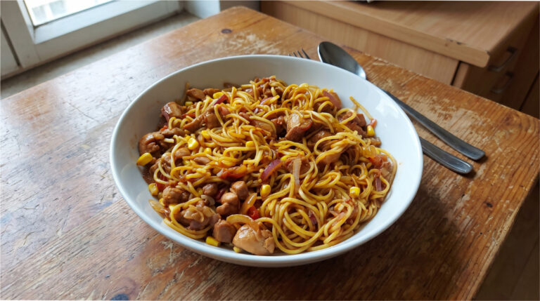 Würzige Nudeln mit Hähnchen: Schnelle Pfanne mit süß-saurer Sauce und Tomaten