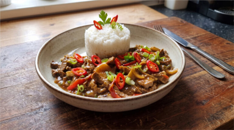 Würzige Rindfleischstreifen mit Jasminreis: Buntes Mittagessen voller Gemüse und aromatischer Sauce