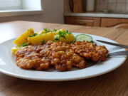 Zigeunerschnitzel aus Hähnchen: Knuspriges und saftiges Mittagessen mit neuen Kartoffeln Knusprige Zigeunerschnitzel aus Hähnchen mit Kartoffeln und Gemüse