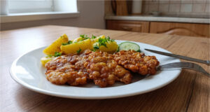Zigeunerschnitzel aus Hähnchen: Knuspriges und saftiges Mittagessen mit neuen Kartoffeln Knusprige Zigeunerschnitzel aus Hähnchen mit Kartoffeln und Gemüse