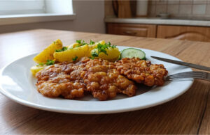 Zigeunerschnitzel aus Hähnchen: Knuspriges und saftiges Mittagessen mit neuen Kartoffeln Knusprige Zigeunerschnitzel aus Hähnchen mit Kartoffeln und Gemüse