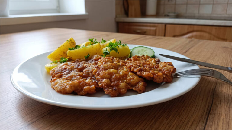 Zigeunerschnitzel aus Hähnchen: Knuspriges und saftiges Mittagessen mit neuen Kartoffeln