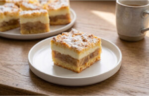 Apfelkuchen mit Pudding: Zarter geriebener Teig und saftige Zimtfüllung Apfelkuchen mit Pudding, zarter geriebener Teig und saftige Zimtfüllung