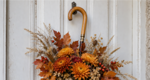 Hängen Sie statt eines Kranzes einen alten Regenschirm an die Tür: 20 Ideen für wunderschöne Herbstdekoration Herbstdekoration aus Regenschirm mit orangefarbenen Blumen