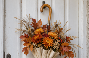 Hängen Sie statt eines Kranzes einen alten Regenschirm an die Tür: 20 Ideen für wunderschöne Herbstdekoration Herbstdekoration aus Regenschirm mit orangefarbenen Blumen